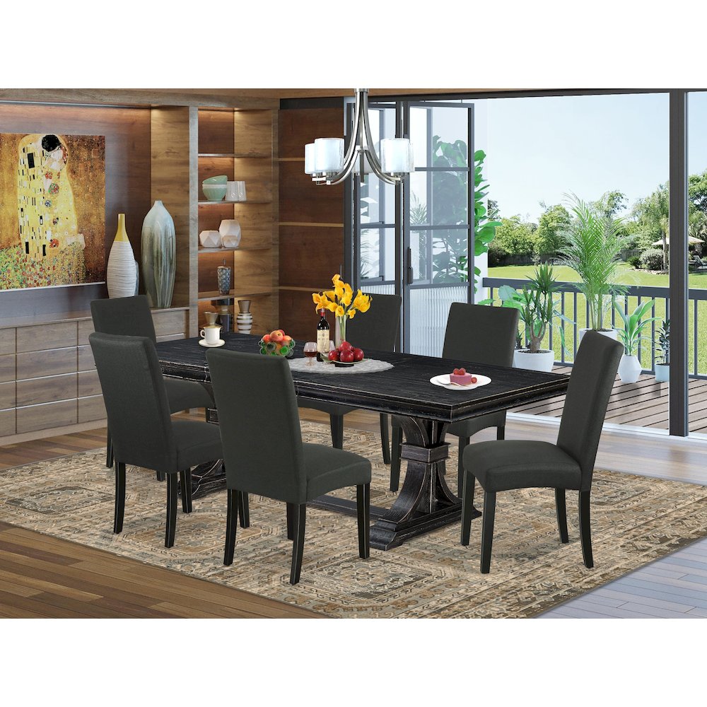 7 piece dining table set of a wooden table and 6 Linen Fabric dining chairs. Picture 5