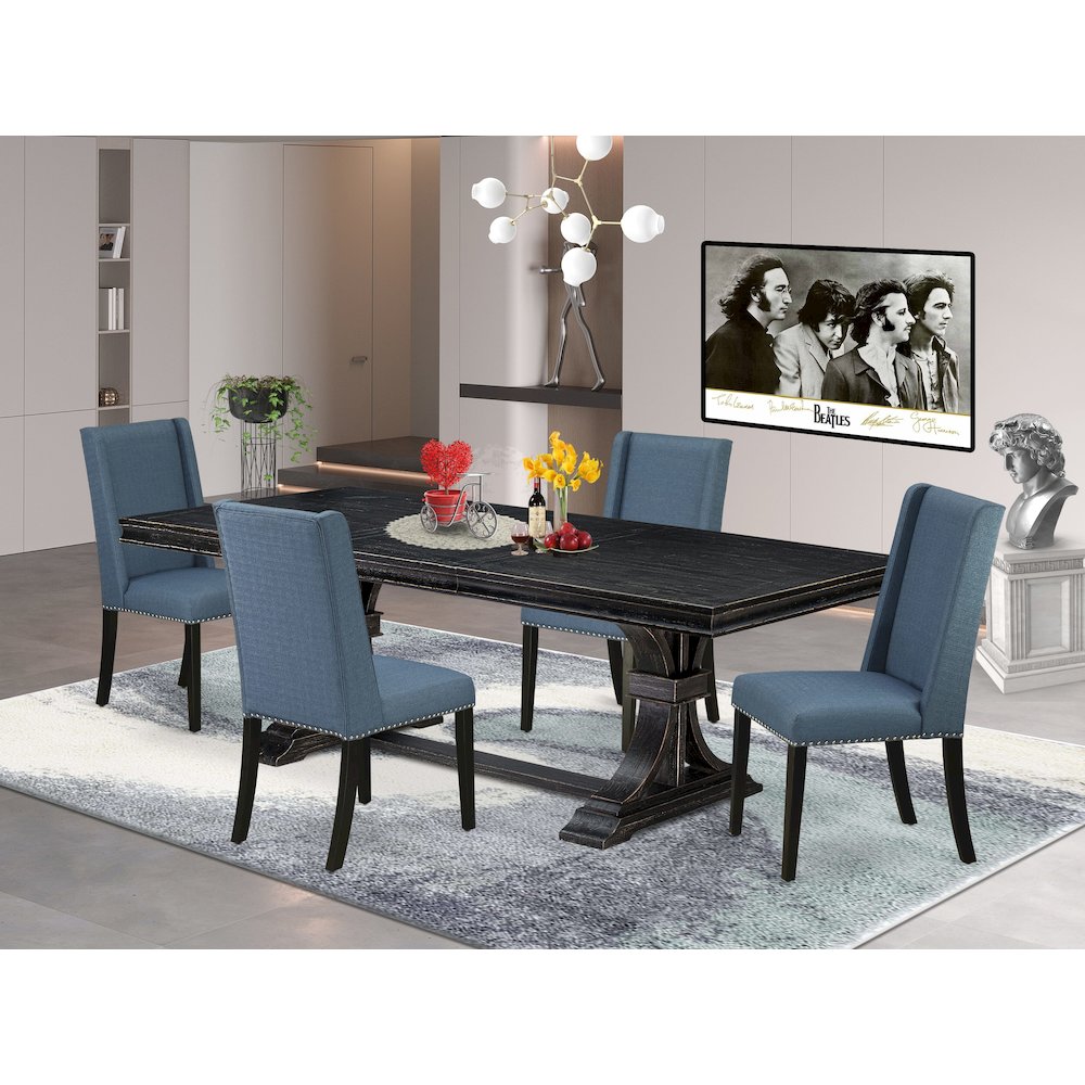 5 piece dining set consists of a dinner table and 4 Linen Fabric dining chairs. Picture 5