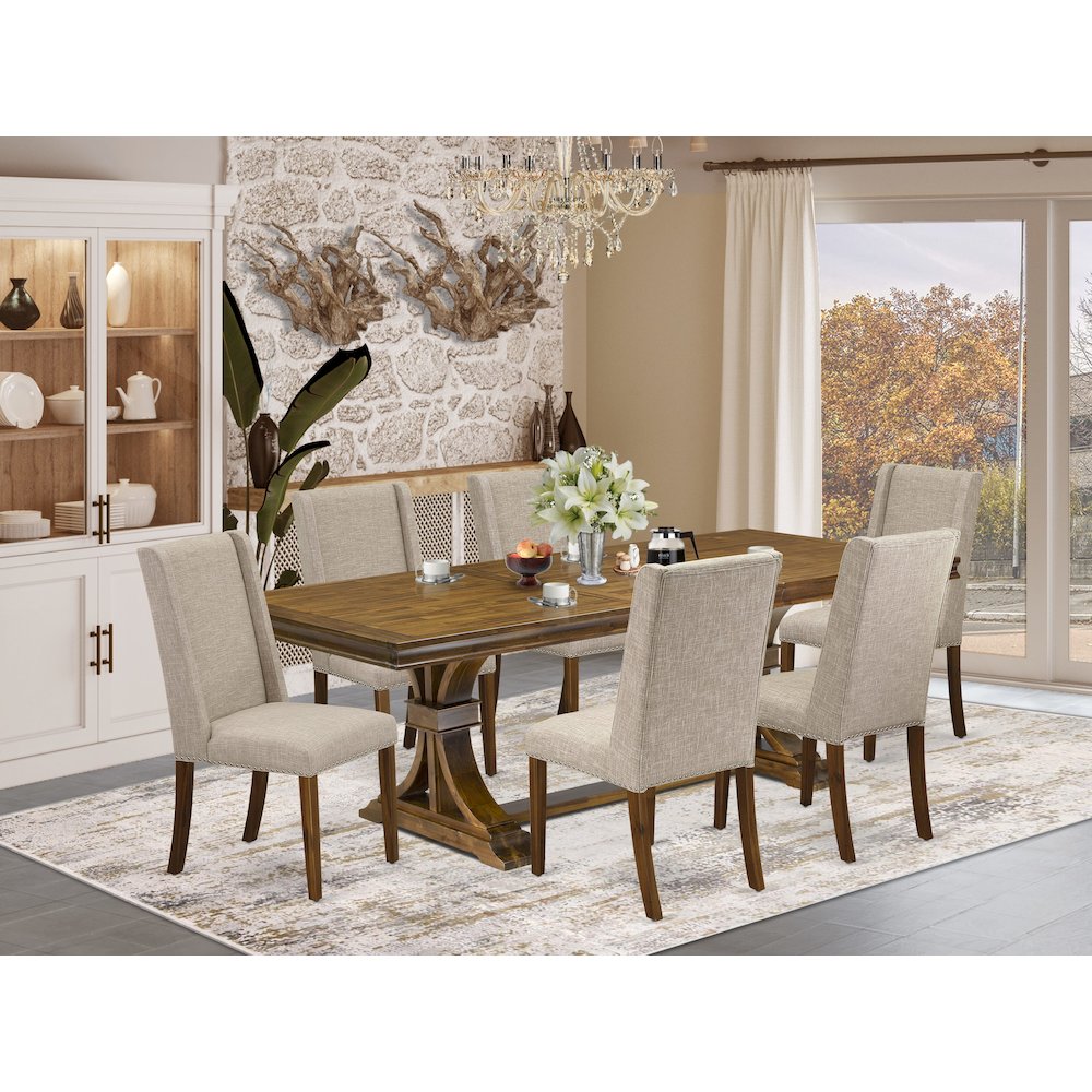 7 piece dining table set a wooden table and 6 Linen Fabric modern chairs. Picture 5