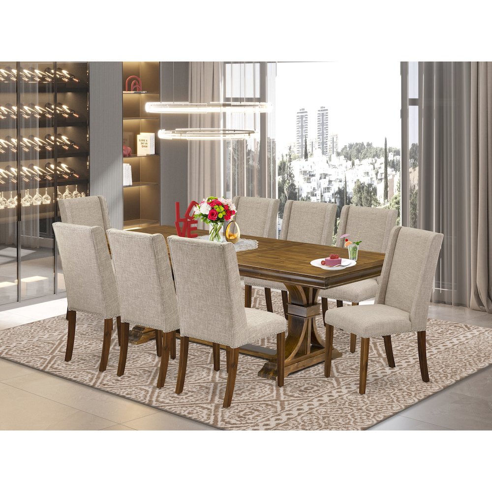 9 piece kitchen table set of a rectangular table and 8 parson chairs. Picture 5