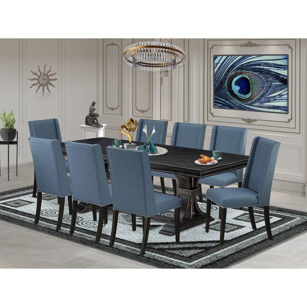 9 piece dining table set of a wooden table and 8 Linen Fabric upholstered chairs. Picture 5