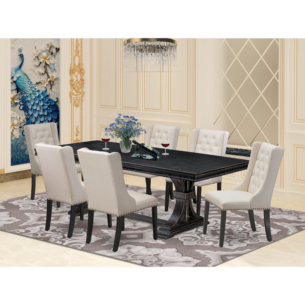 7 piece dining table set of a wooden table and 6 Linen Fabric dining chairs. Picture 5
