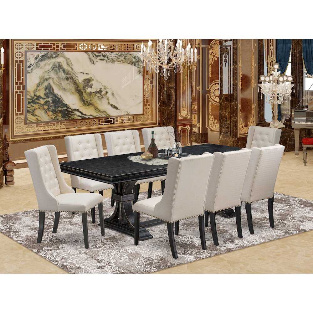 9 piece dining set a rectangular dining table and 8 Linen Fabric dining chairs. Picture 5