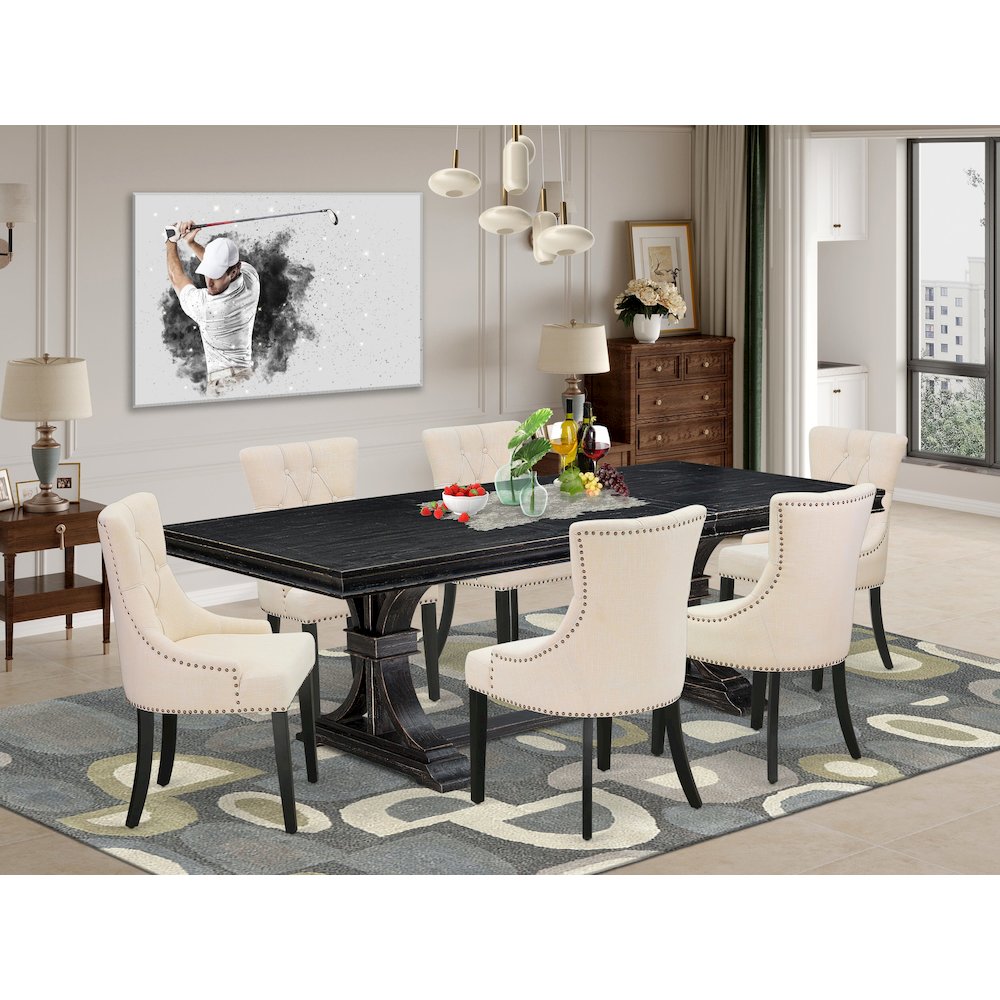 7 piece dining set of a wooden table and 6 dining chairs & black legs. Picture 5