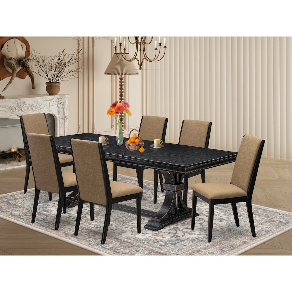 7 piece dining set of a wooden table 6 Linen Fabric dining chairs & black legs. Picture 5