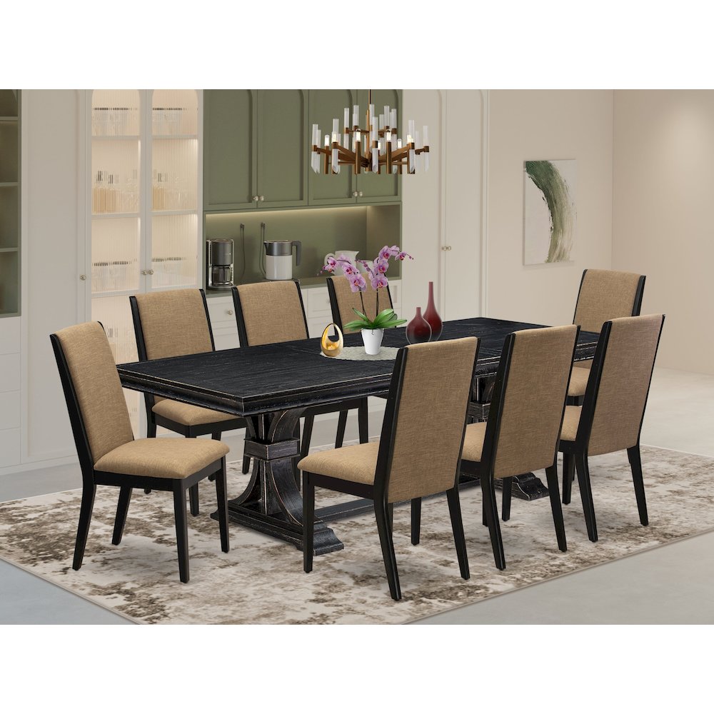 9 piece kitchen set a kitchen table & 8 Linen Fabric dining chairs & black legs. Picture 5