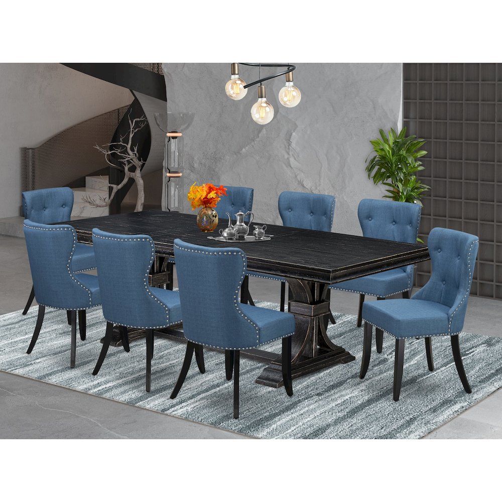 9 piece Dining Room Set of a Modern Table and 8 Linen Fabric Dining Room Chairs. Picture 5