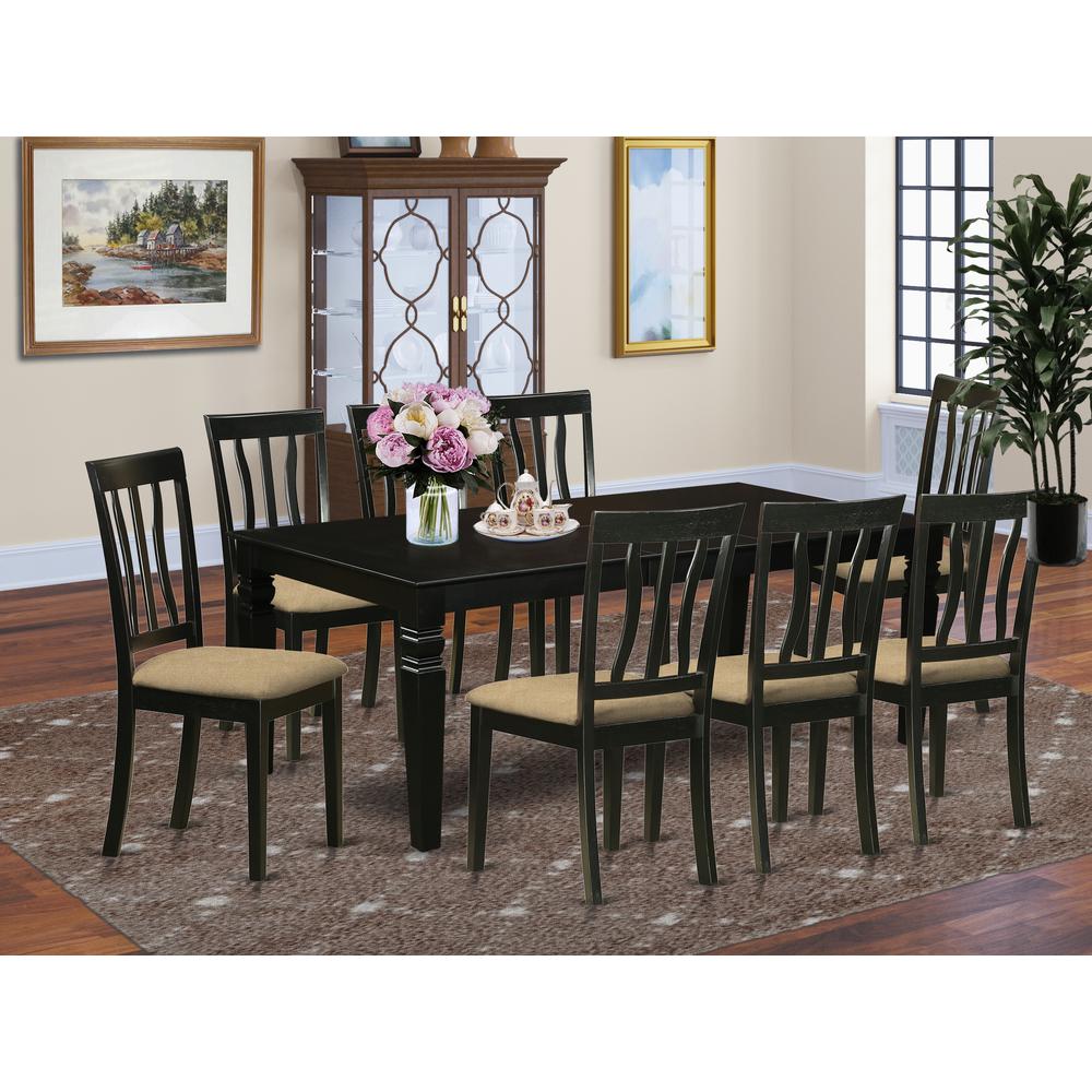 LGAN9-BLK-C 9 Pc Dining Room set with a Dining Table and 8 Linen Dining Chairs in Black. Picture 2