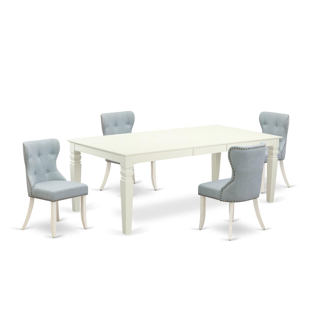 East-West Furniture LGSI5-LWH-15 - A modern dining table set of 4 wonderful dining chairs with Linen Fabric Baby Blue color and a wonderful wooden dining table with Linen White color. Picture 1