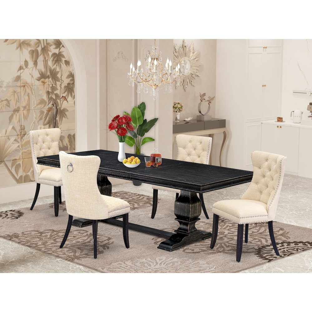 5 piece kitchen set of a wooden dining table and 4 Linen Fabric dining chairs. Picture 5