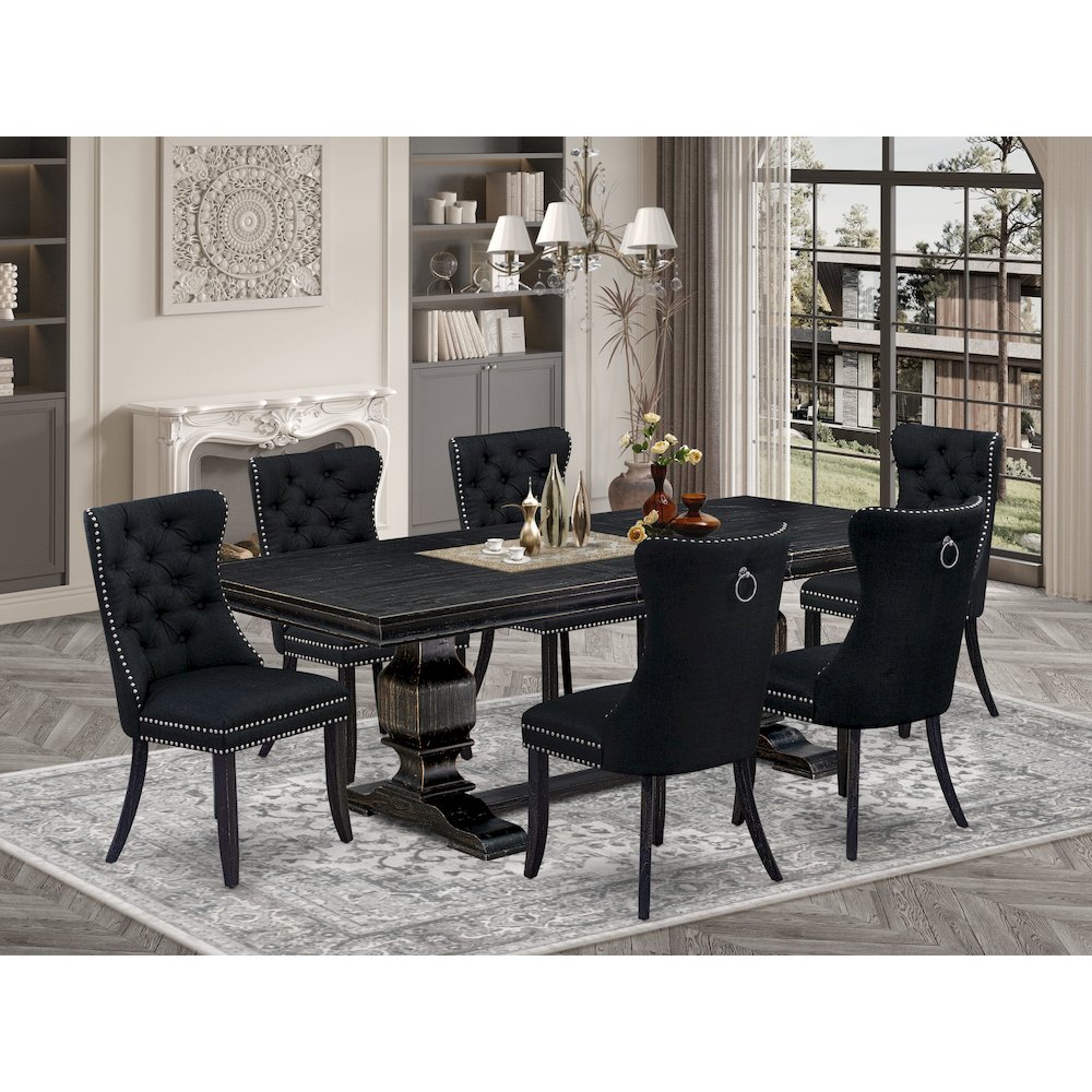 7 piece dining room set of a kitchen table and 6 Linen Fabric upholstered chairs. Picture 5