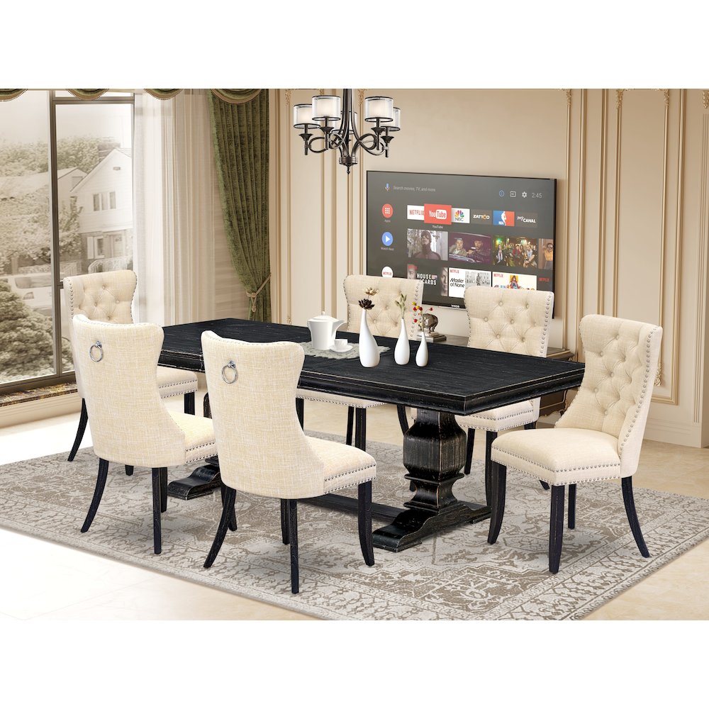 7 piece dining room set of a kitchen table and 6 Linen Fabric parson chairs. Picture 5