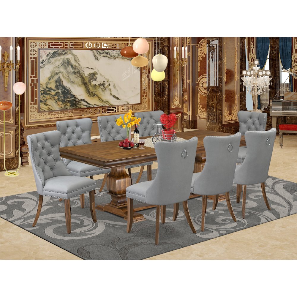 9 Pieces Dining Table Set a Rectangle Table and 8 Dining Chairs, Antique Walnut. Picture 5