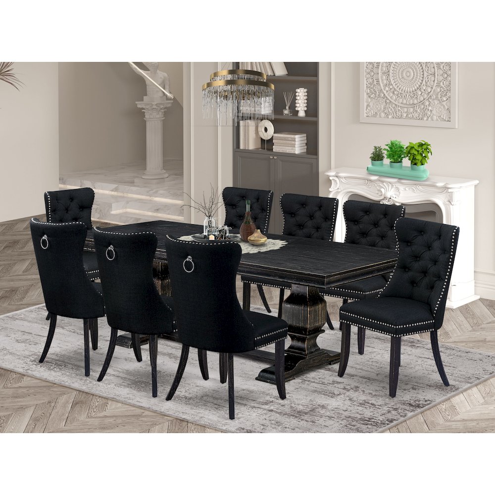 9 piece kitchen table set of a dining table and 8 Linen Fabric kitchen chairs. Picture 5