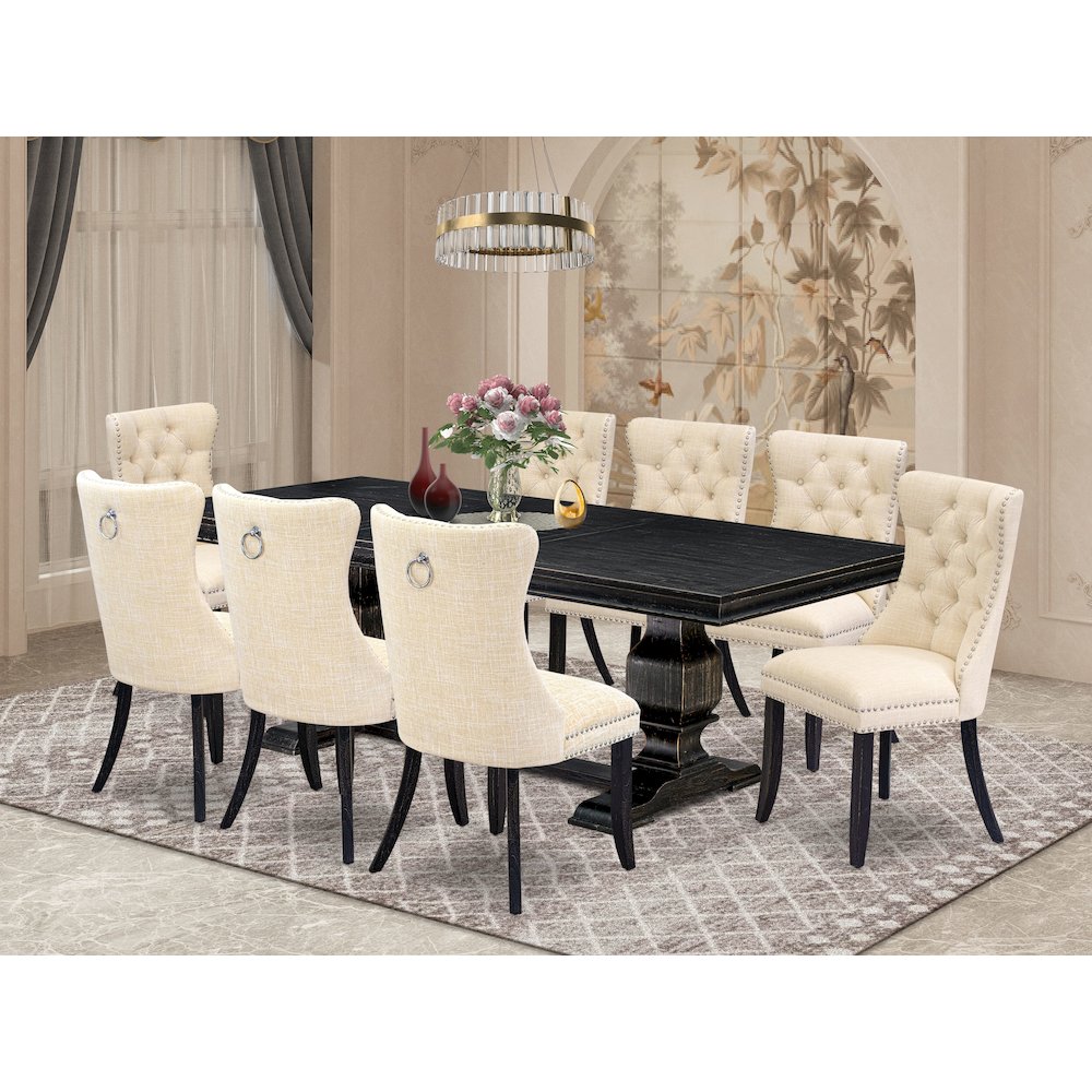 9 piece dining set of a breakfast table and 8 Linen Fabric dining room chairs. Picture 5