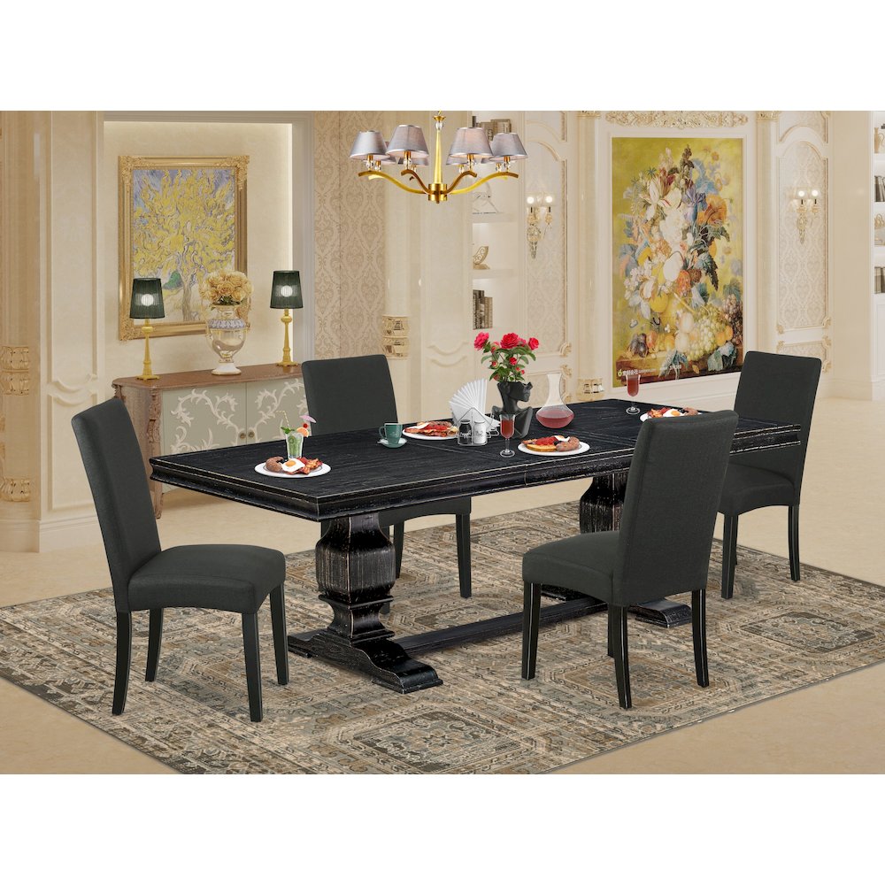 5 piece kitchen set of a dinner table and 4 Linen Fabric parson chairs. Picture 5