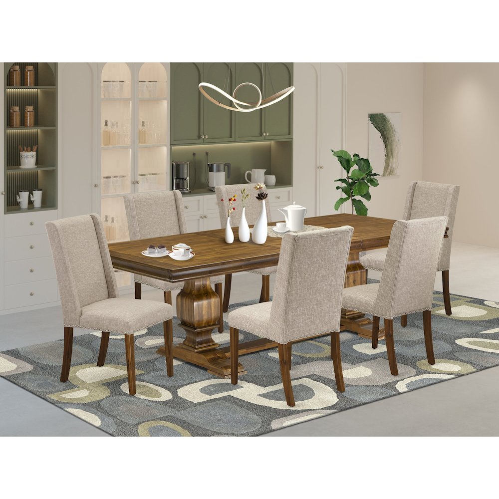 7 piece dining table set of a dinner table and 6 Linen Fabric upholstered chairs. Picture 5