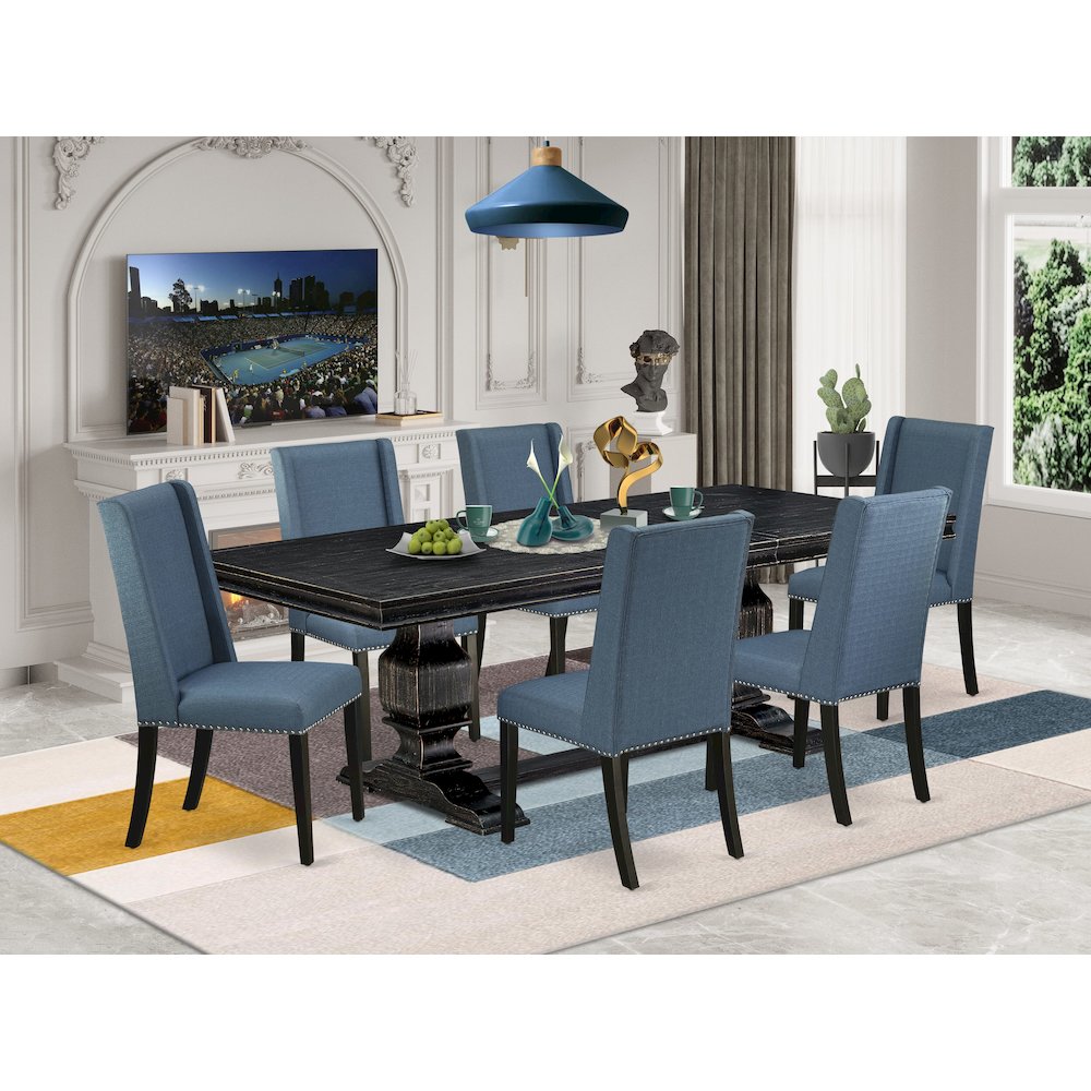 7 piece dining room set of a breakfast table and 6 Linen Fabric dining chairs. Picture 5