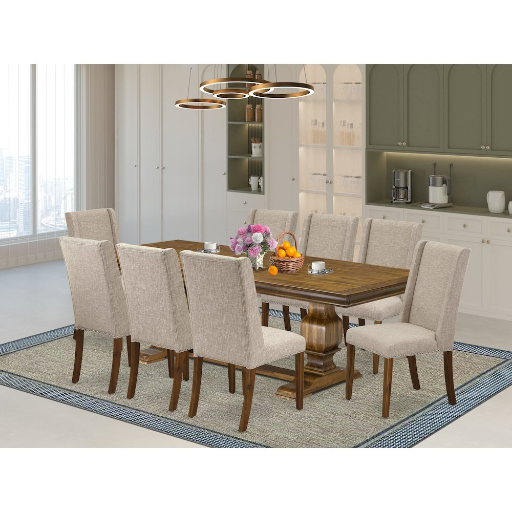 9 piece modern dining set a breakfast table and 8 Linen Fabric kitchen chairs. Picture 5