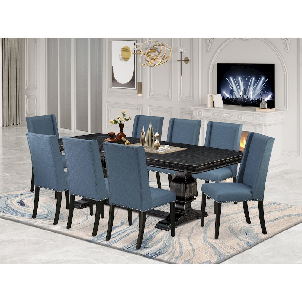 9 piece dining table set of a dinner table and 8 Linen Fabric kitchen chairs. Picture 5