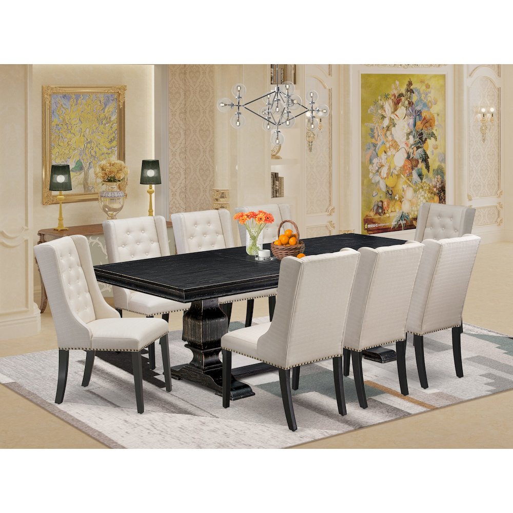 9 piece modern dining set of a wooden table and 8 Linen Fabric dining chairs. Picture 5