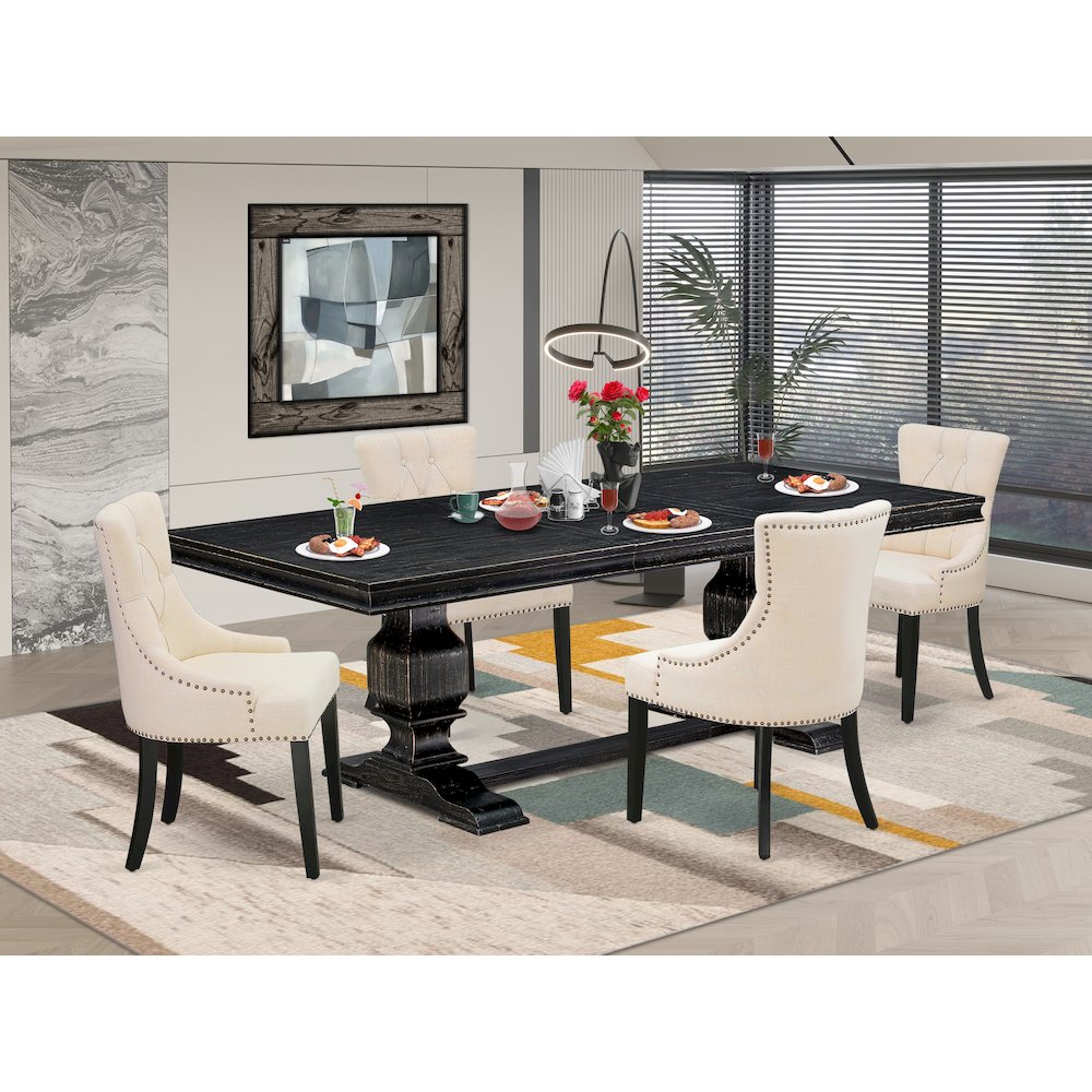 5 piece kitchen set of a table and 4 Linen Fabric dining chairs & black legs. Picture 5