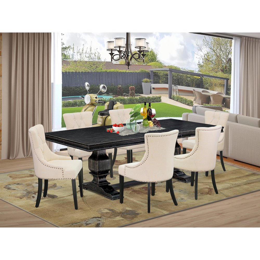7 piece dining set a dining table and 6 Linen Fabric kitchen chairs & black legs. Picture 5