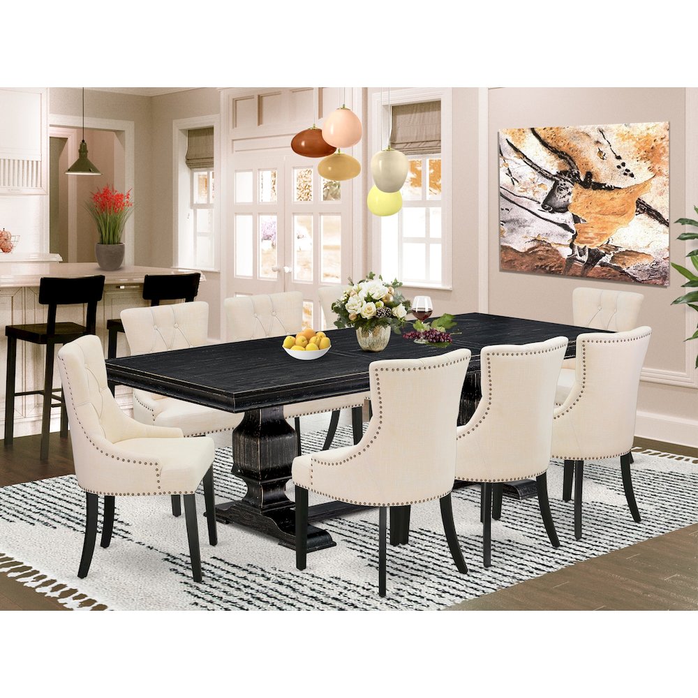9 piece kitchen set of a dining table & 8 kitchen chairs & black legs. Picture 5