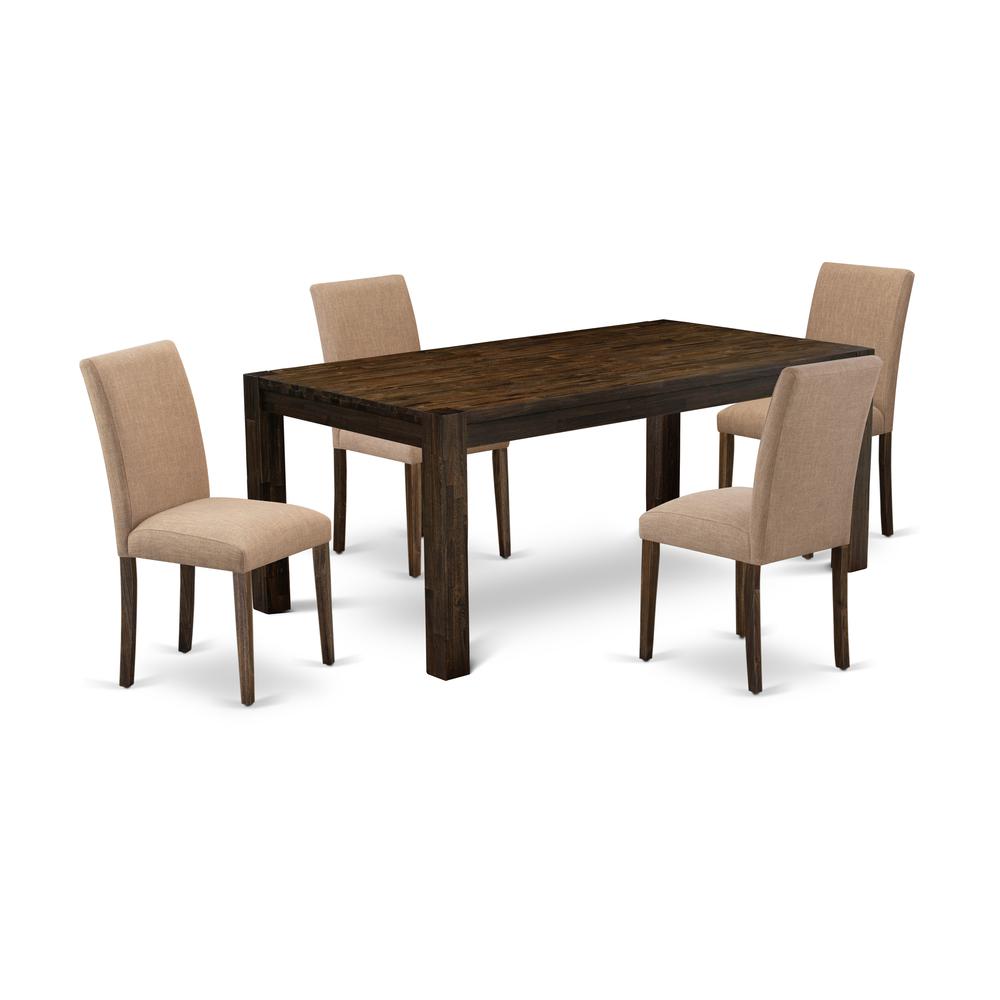 East West Furniture LMAB5-77-47 5Pc Dining Table Set Contains a Dining Room Table and 4 Parsons Dining Chairs with Light Sable Color Linen Fabric, Medium Size Table with Full Back Chairs, Distressed J. Picture 1
