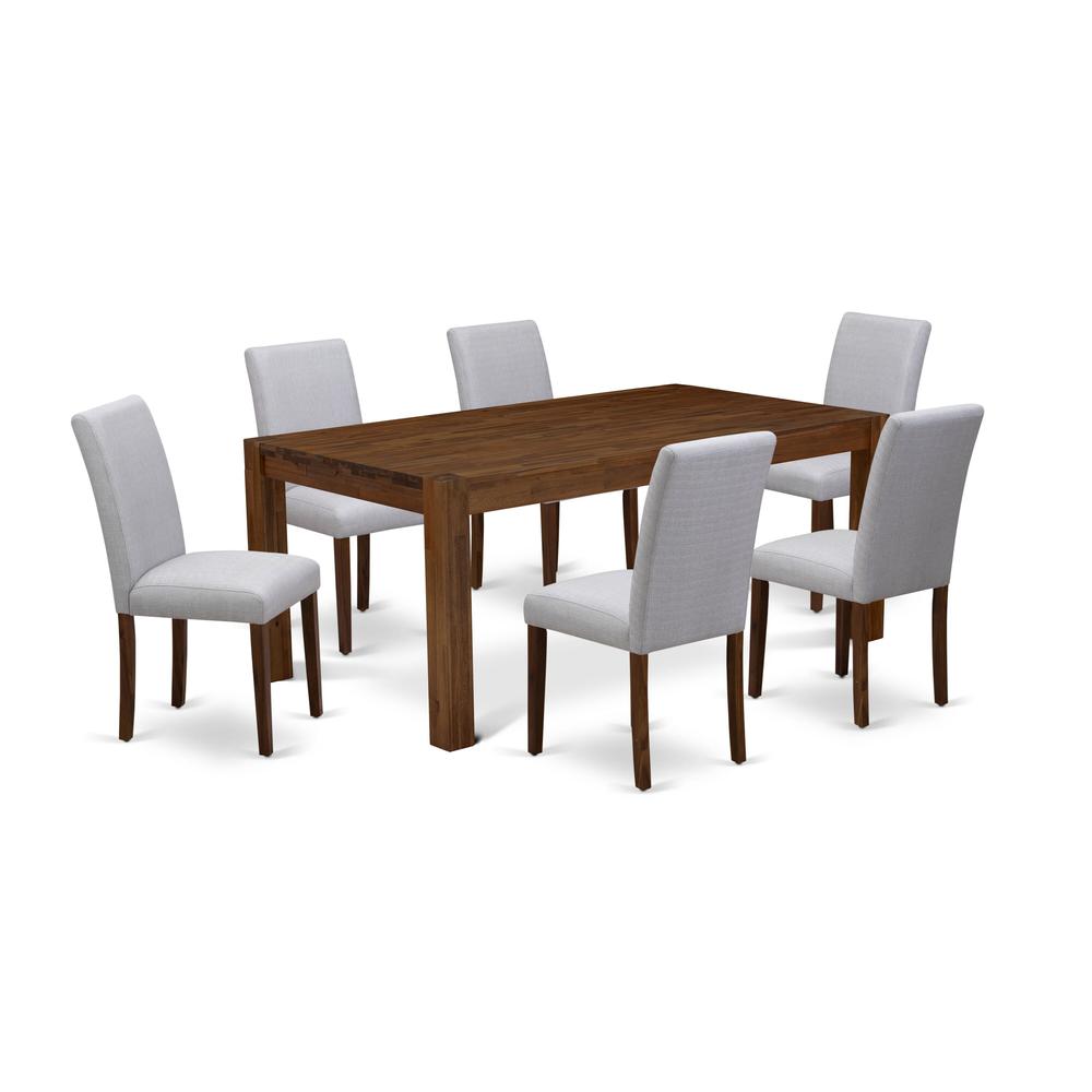 LMAB7-N8-05 - 7-Pc Kitchen Table Set- 6 Upholstered Dining Chairs and dining table - Grey Linen Fabric Seat and High Chair Back (Antique Walnut Finish). Picture 1