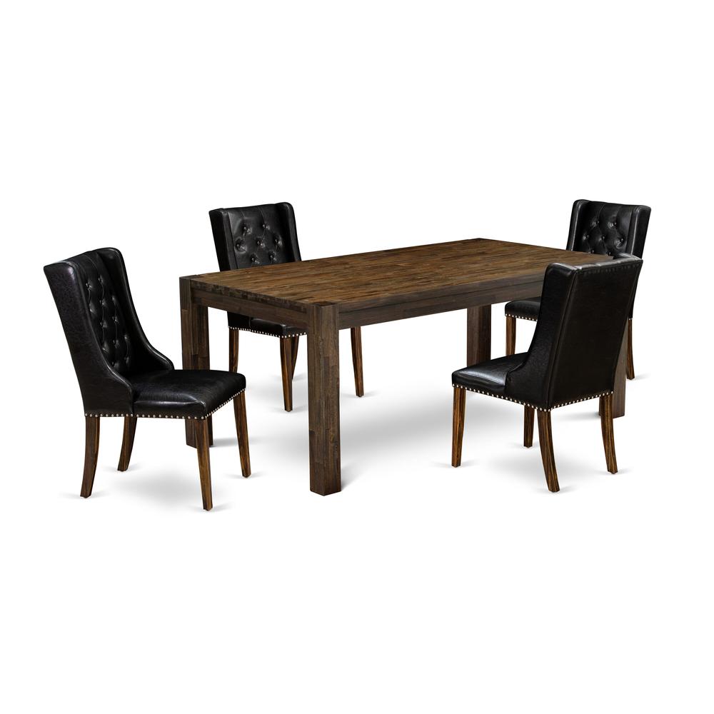 LMFO5-77-49 5-Pc Modern Dining Set with 1 Dining Table and 4 Black Dining Chairs - Distressed Jacobean Finish. Picture 1
