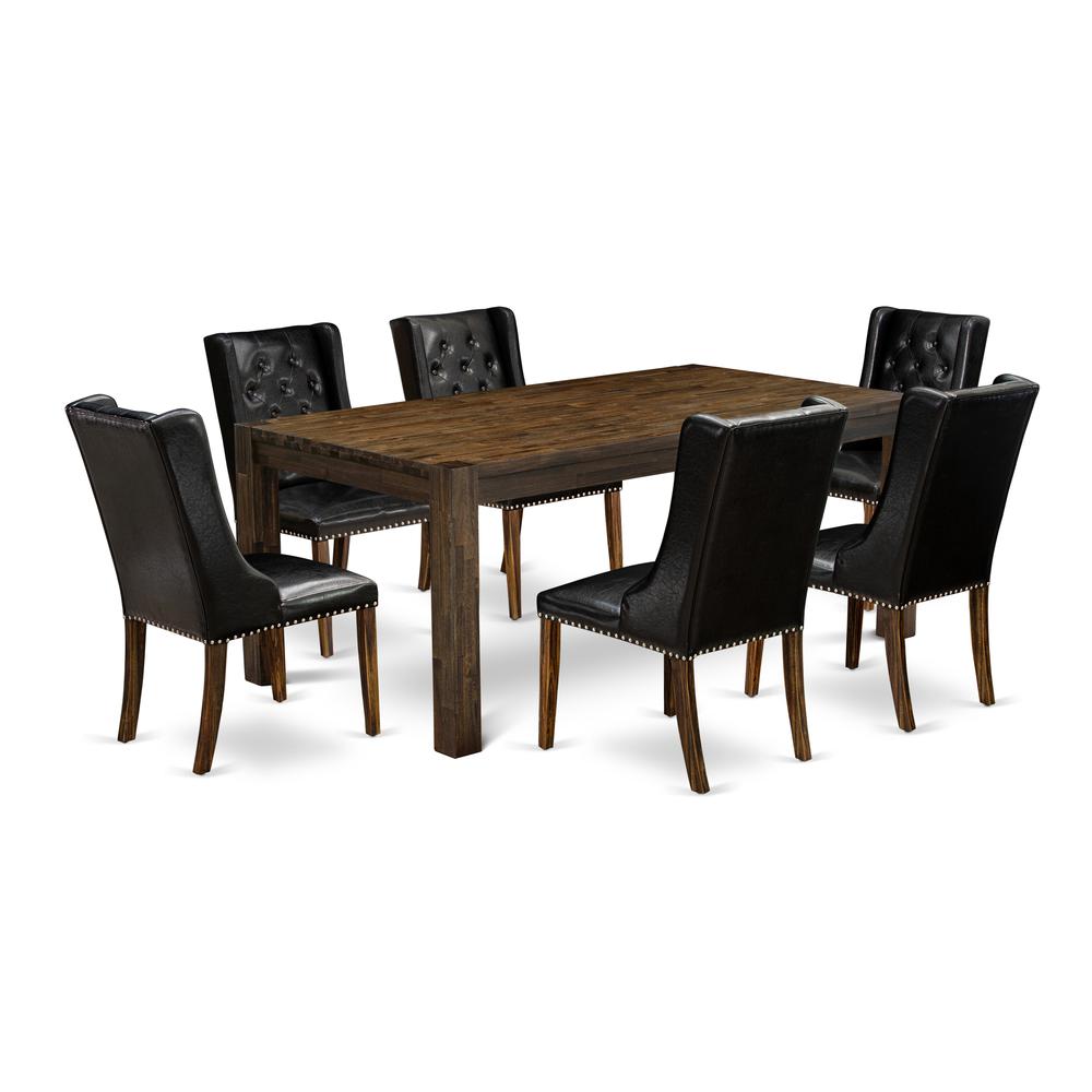 East West Furniture LMFO7-77-49 7-Piece Kitchen Dining Set Includes 1 Rectangular Dining Table and 6 Black Linen Fabric Dining Chairs with Button Tufted Back - Distressed Jacobean Finish. Picture 1