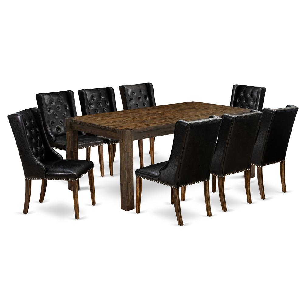 East West Furniture LMFO9-77-49 9-Pc Modern Dining Table Set Includes 1 Dining Table and 8 Black Linen Fabric Dining Chairs with Button Tufted Back - Distressed Jacobean Finish. Picture 1