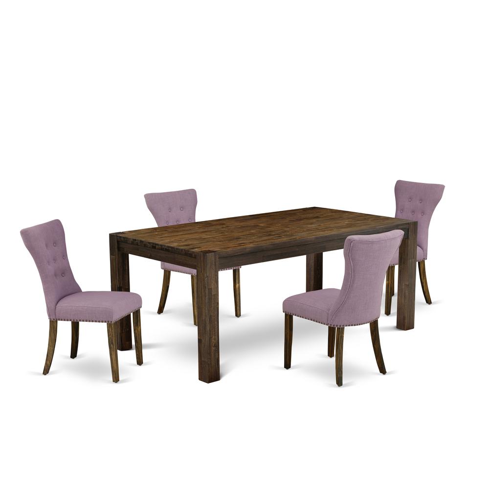 East West Furniture LMGA5-77-40 5-Piece Dining Room Set- 4 Dining Chairs with Dahlia Linen Fabric Seat and Button Tufted Chair Back - Rectangular Table Top & Wooden 4 Legs - Distressed Jacobean Finish. Picture 1