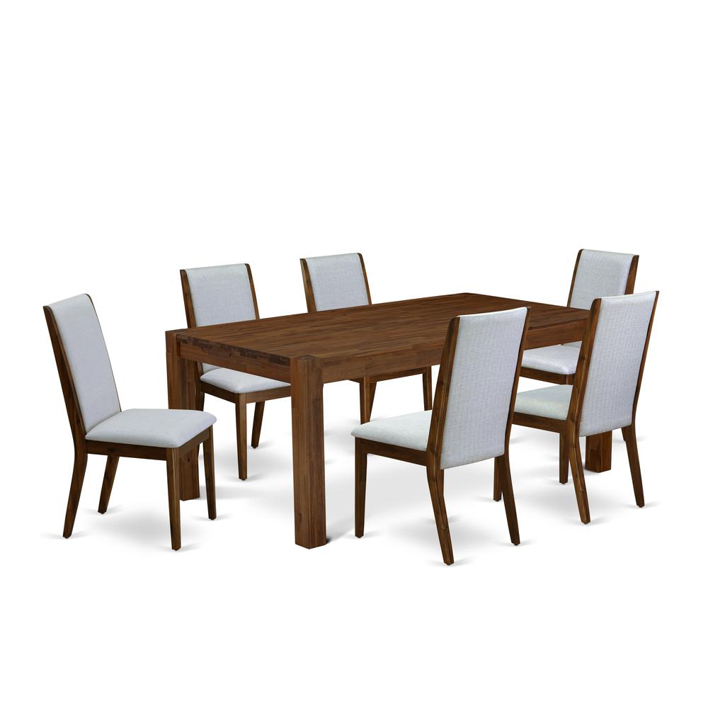 East West Furniture LMLA7-N8-05 7-Pc Dinette Set- 6 Upholstered Dining Chairs with Grey Linen Fabric Seat and Stylish Chair Back - Rectangular Table Top & Wooden 4 Legs - Antique Walnut Finish. Picture 1