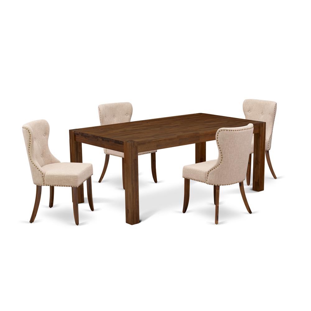 East West Furniture LMSI5-N8-04 5-Piece Dining Room Set- 4 Dining Chairs with Light Tan Linen Fabric Seat and Button Tufted Chair Back - Rectangular Top & Wooden 4 Legs - Antique Walnut Finish. Picture 1