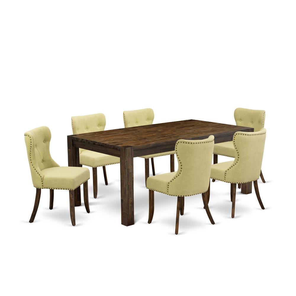 East West Furniture LMSI7-77-37 7-Piece Dining Room Table Set- 6 Dining Chair with Limelight Linen Fabric Seat and Button Tufted Chair Back - Rectangular Table Top & Wooden 4 Legs - Distressed Jacobea. Picture 1