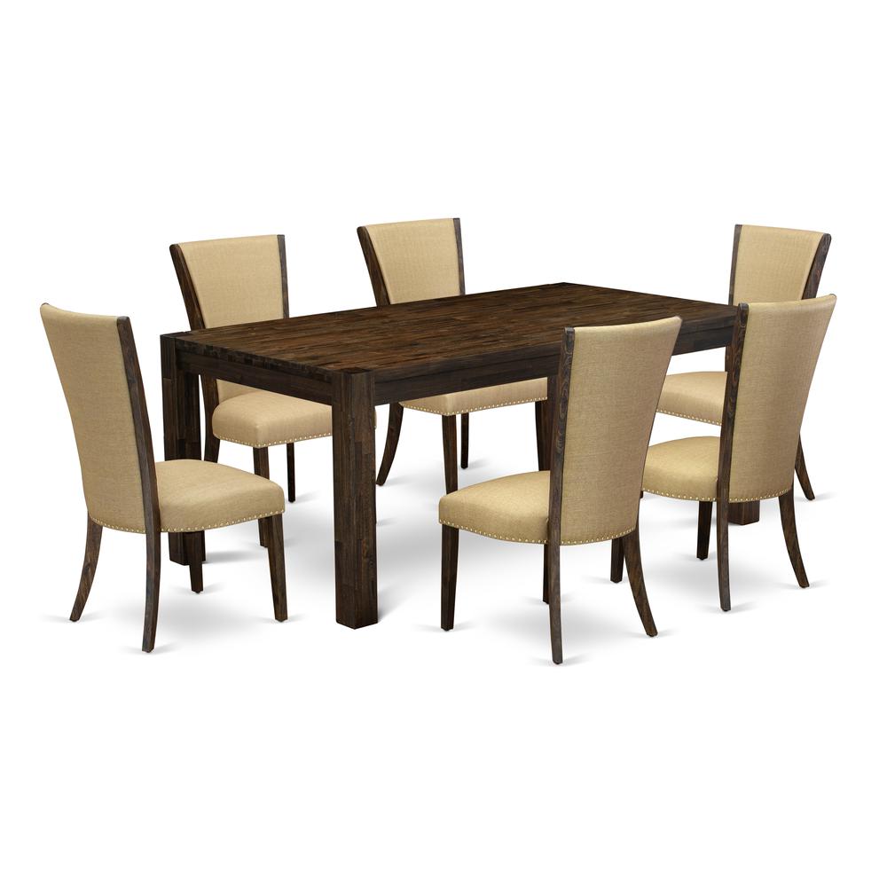 East West Furniture - LMVE7-77-03 - 7-Pc Dining Room Table Set- 6 Kitchen Chairs and Dining Table - Brown Linen Fabric Seat and Stylish Chair Back - Distressed Jacobean Finish. Picture 1