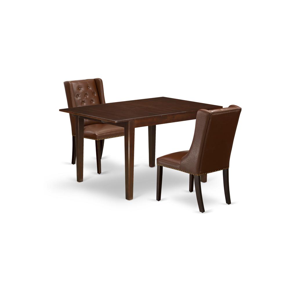 East West Furniture MLFO3-MAH-46 3-Piece Kitchen Table Set Includes 1 Butterfly Leaf Rectangular Dining Table and 2 Brown Linen Fabric dining room chairs with Button Tufted Back - Mahogany Finish. Picture 1