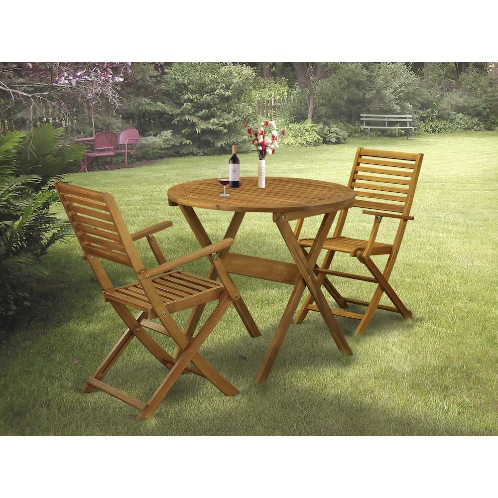 East West Furniture 3-Piece Outdoor Dining Table Set Includes a Bistro Table and 2 Folding Dining Chairs Perfect for Garden, Terrace, Bistro, and Porch - Natural Oil Finish. Picture 2