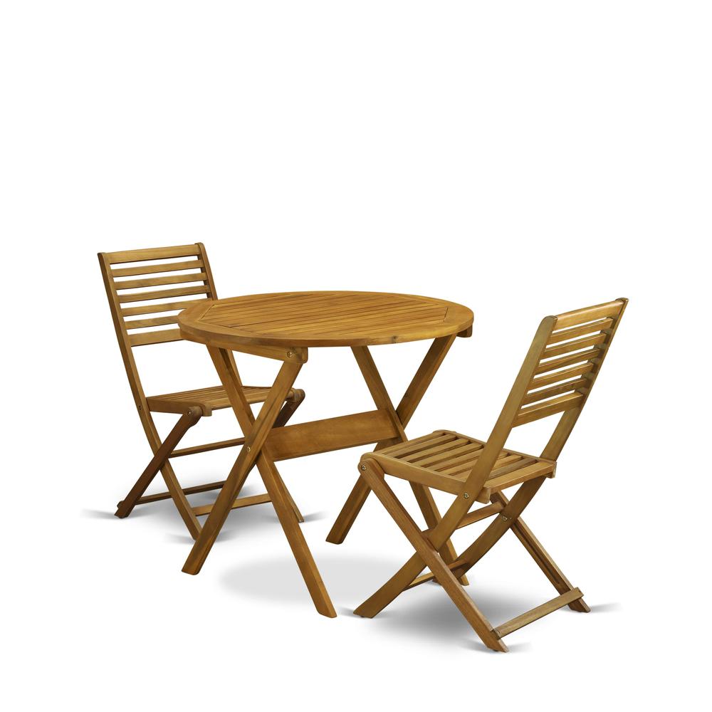 East West Furniture 3-Pc Patio Table Set Consists of a Wooden Folding Table and 2 Folding Patio Chairs Ideal for Garden, Terrace, Bistro, and Porch - Natural Oil Finish. Picture 1
