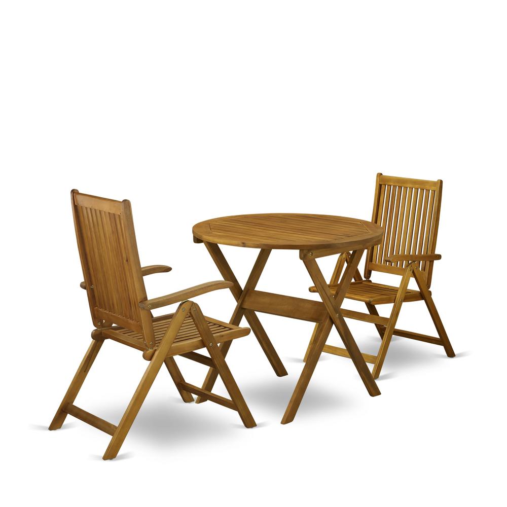 MNCN3C5NA 3-Pc Patio Outdoor Dining Table Set Consists of a Folding Camping Table and 2 Outdoor Patio Chairs - Natural Oil Finish. Picture 1