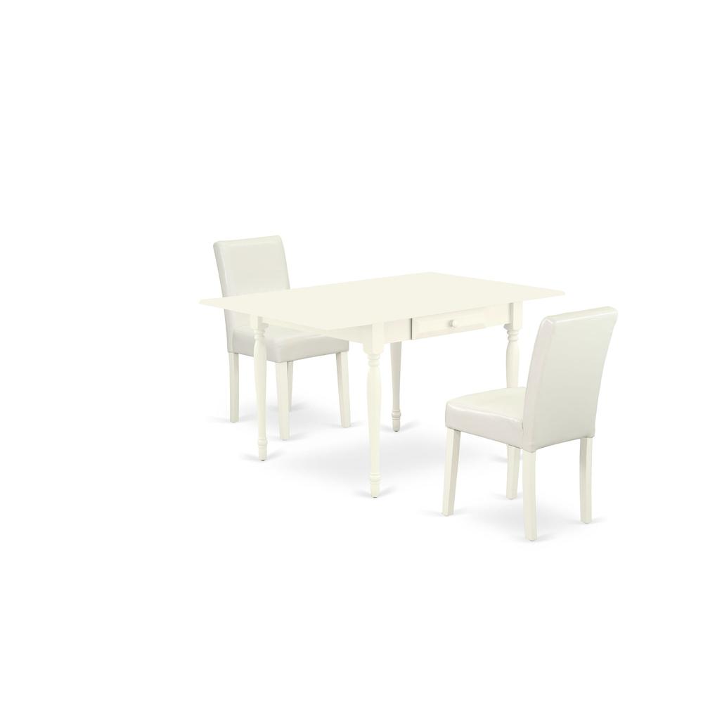 1MZAB3-LWH-64 3Pc Dining Table Set for 2 Includes a Small Dining Table and 2 Parsons Chairs with White Color PU Leather, Drop Leaf Table with Full Back Chairs, Linen White Finish. Picture 1