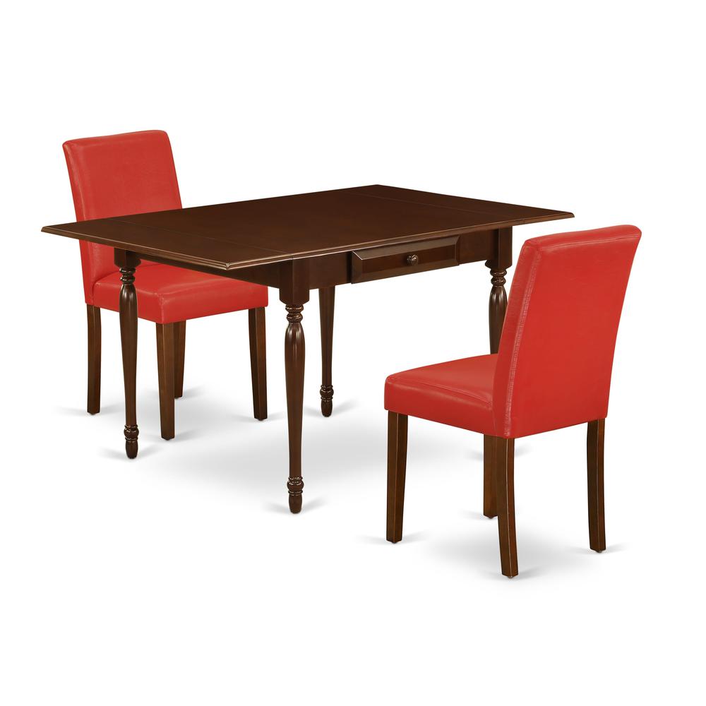 1MZAB3-MAH-72 3Pc Dinette Sets for Small Spaces Consists of a Wood Dining Table and 2 Parsons Dining Chairs with Firebrick Red Color PU Leather, Drop Leaf Table with Full Back Chairs, Mahogany Finish. Picture 1