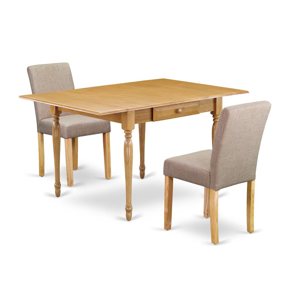 1MZAB3-OAK-04 3Pc Dinette Set Contains a Small Dining Table and 2 Parsons Dining Chairs with Light Fawn Color Linen Fabric, Drop Leaf Table with Full Back Chairs, Oak Finish. Picture 1
