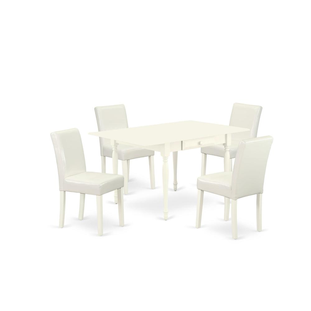 1MZAB5-LWH-64 5Pc Wood Dining Table Set Consists of a Dining Table and 4 Parsons Dining Chairs with White Color PU Leather, Drop Leaf Table with Full Back Chairs, Linen White Finish. Picture 1