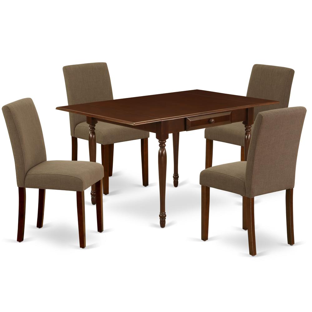 1MZAB5-MAH-18 5Pc Modern Dining Table Set Includes a Wood Dining Table and 4 Parson Chairs with Coffee Color Linen Fabric, Drop Leaf Table with Full Back Chairs, Mahogany Finish. Picture 1