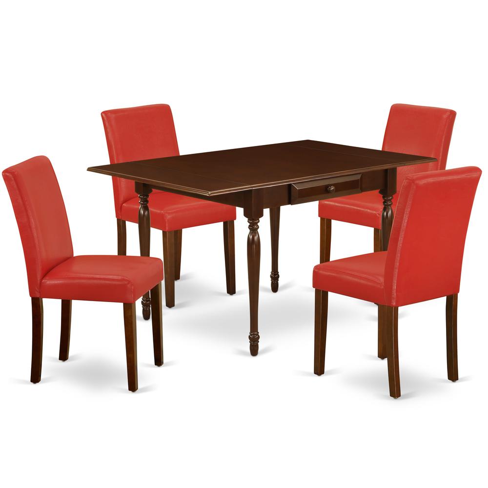 1MZAB5-MAH-72 5Pc Dining Set for 4 Includes a Dining Room Table and 4 Parsons Chairs with Firebrick Red Color PU Leather, Drop Leaf Table with Full Back Chairs, Mahogany Finish. Picture 1