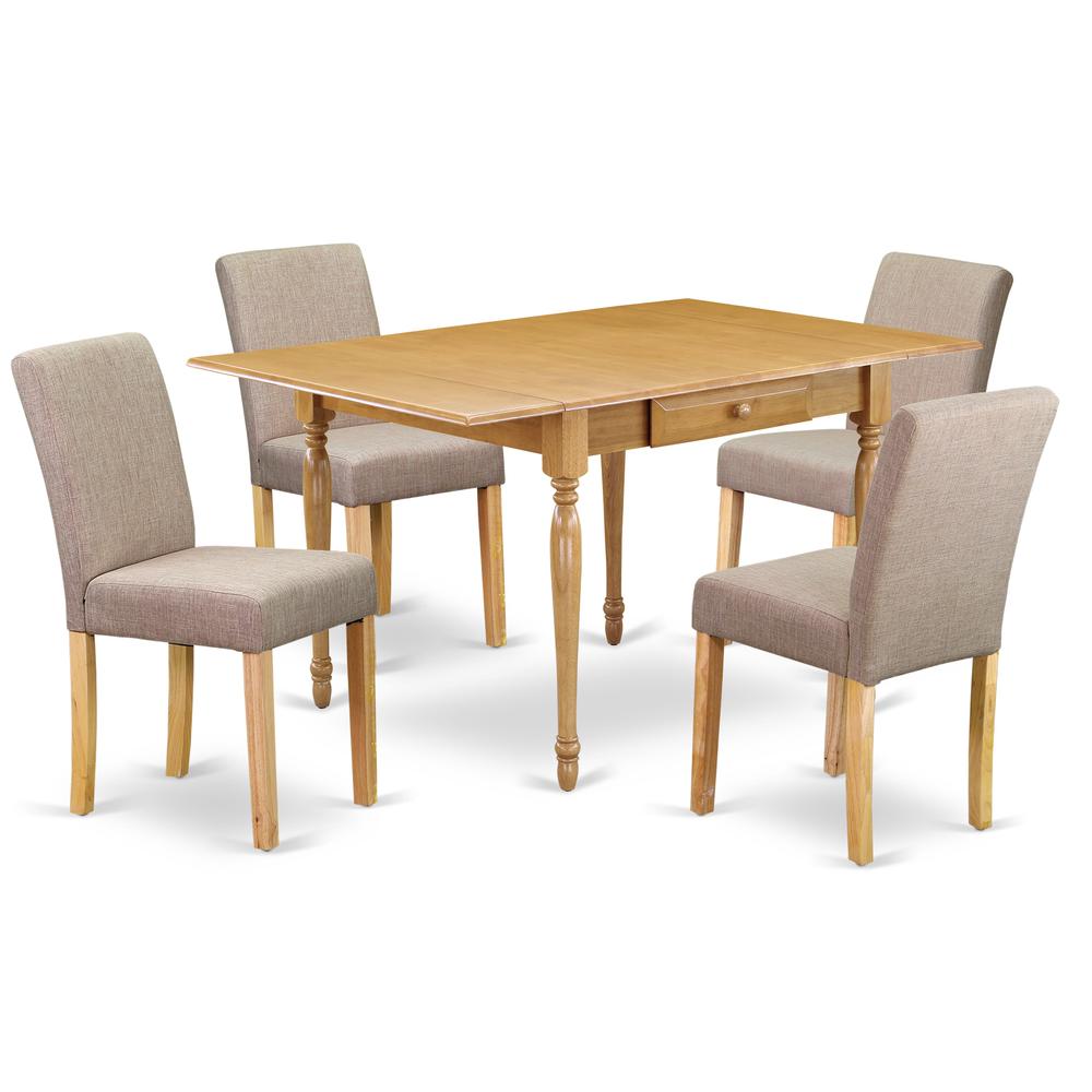 1MZAB5-OAK-04 5Pc Kitchen Table Sets Contains a Dining Room Table and 4 Parson Chairs with Light Fawn Color Linen Fabric, Drop Leaf Table with Full Back Chairs, Oak Finish. Picture 1