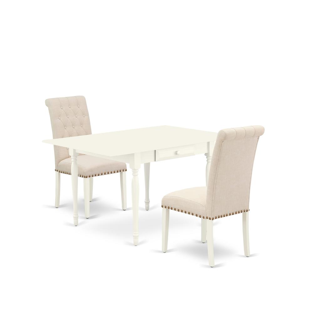 1MZBR3-LWH-02 3Pc Dining Table Set Contains a Kitchen Table and 2 Parsons Chairs with Light Beige Color Linen Fabric, Drop Leaf Table with Full Back Chairs, Linen White Finish. Picture 1